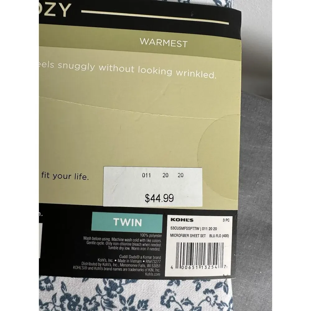 Cuddl Duds Microfiber Sheet Set 3 Piece Twin Size 16” Deep Pocket Blue Floral